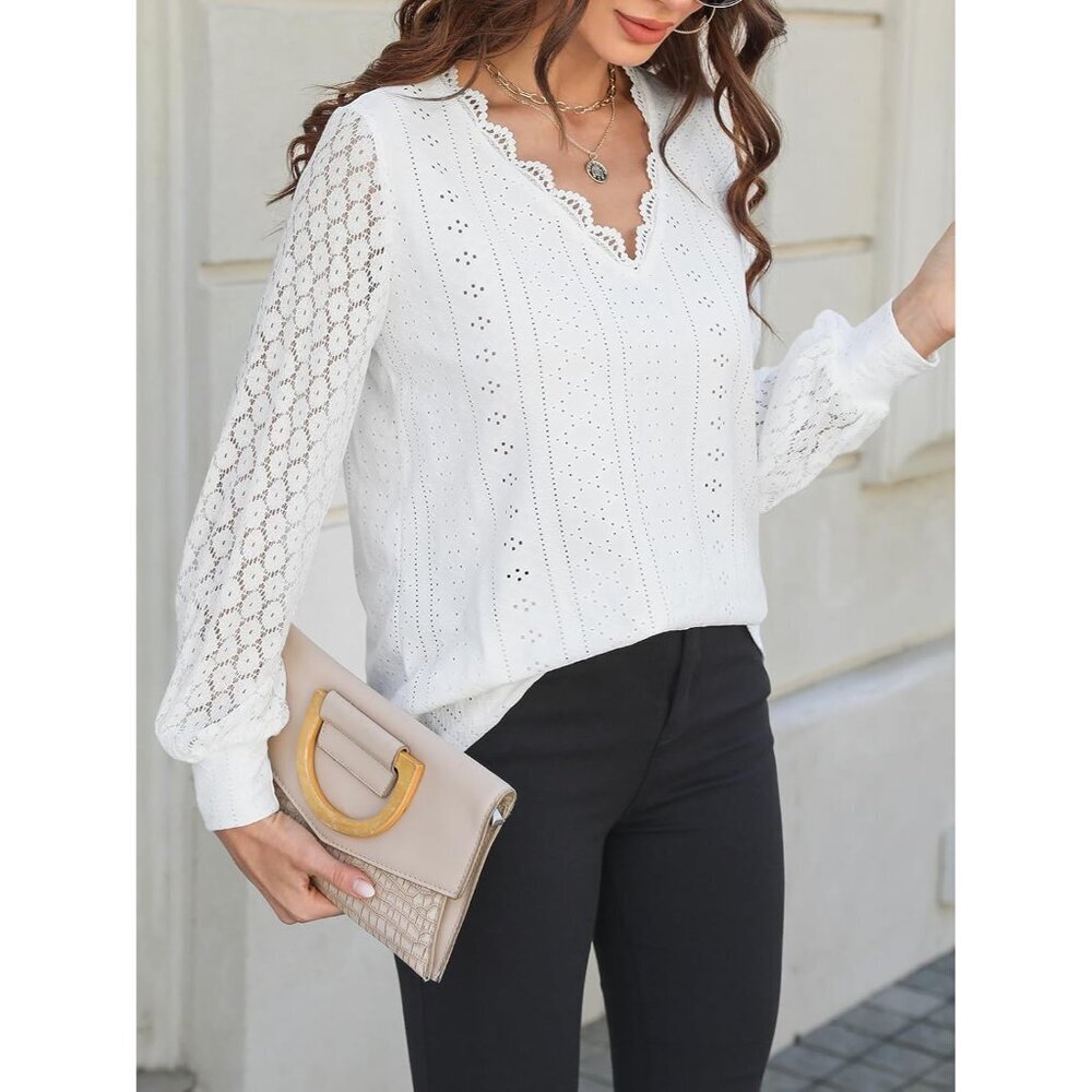 Long Sleeve Lace Top Women V-Neck Eyelet Scalloped Casual Blouse Small - Picture 3 of 6
